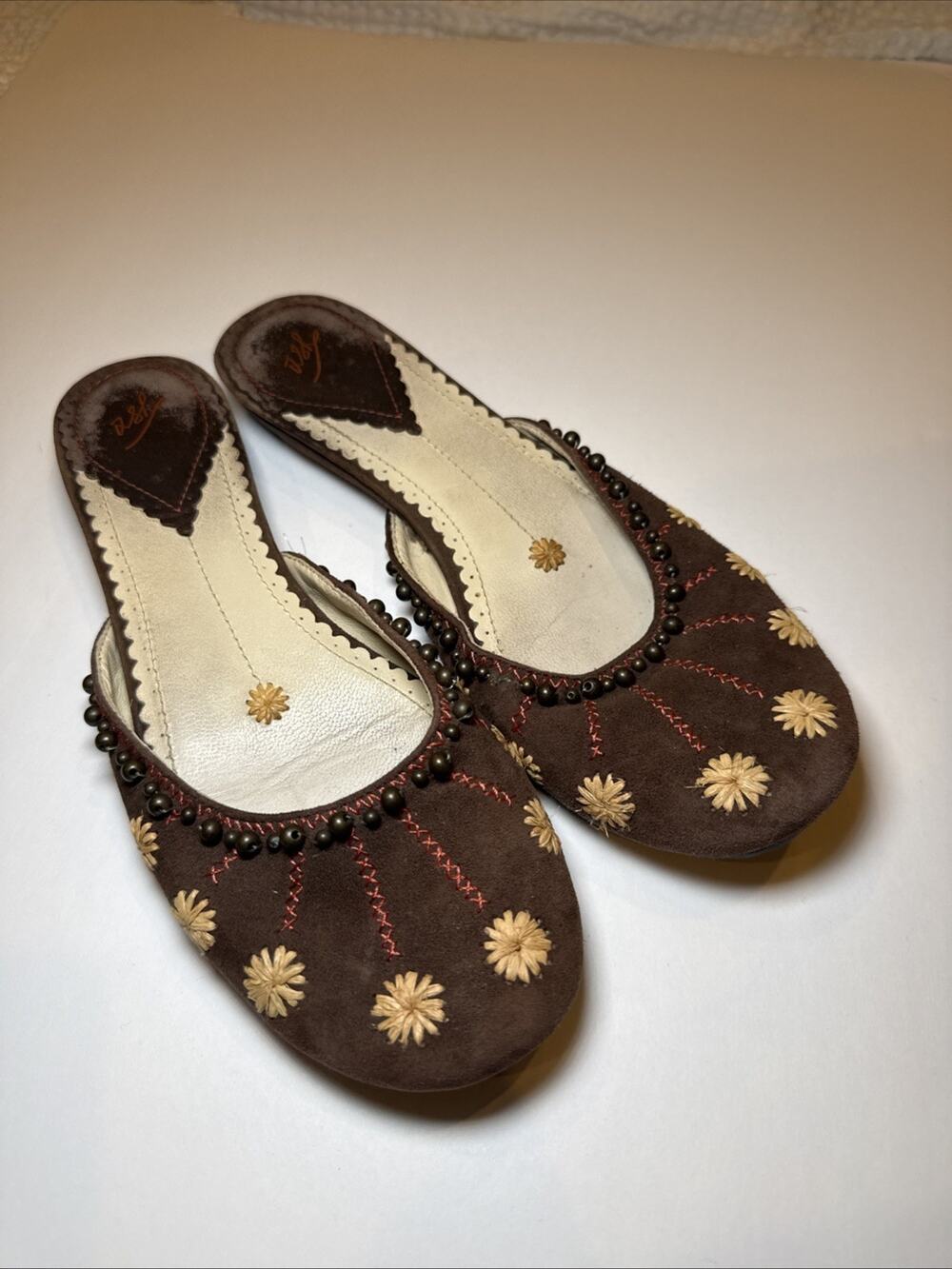 Ash Women's Brown Boho Beaded Embroidered Flats Slides size EU 37 US 6.5/7